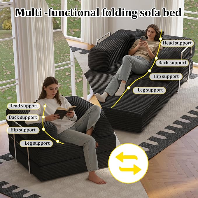 Single Couch Sofa for Small Spaces 2 in 1 Convertible Sleeper Sofa to Lounger Comfy Bean Bag Chair for Adults Removable Cover with Pillows for Bedroom, Apartment, Office, Black, 35.43" Single Sofa