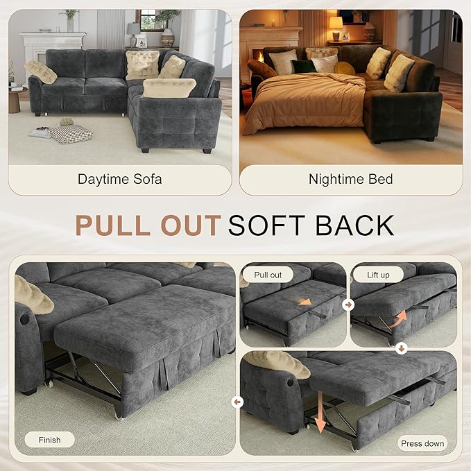 Hanherry Sectional Couch with Pull Out Sofa Bed,Chenille Sleeper Sofa with 2 Seat Storage & USB Charging,Comfy L Shaped Modular Couches for Living Room,Apartment