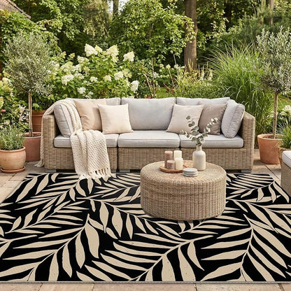 Smiry Outdoor Rug 5x8 ft, Waterproof Reversible Plastic Straw Rugs, Outdoor Area Rug with Leaf Pattern, Outside Floor Mat for Patio, Backyard, Deck, Picnic, Beach, Camping, Black & Beige