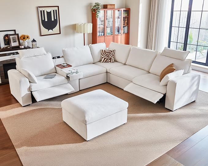 Oversized Modular Power Recliner Sofa Wall Hugger, Cloud Reclining Couch with Headrest, Storage Ottoman, Drawer Charging Cup Holder, Deep L-Shaped 6 Seater with Dual Electric Recliner, Chenille, White