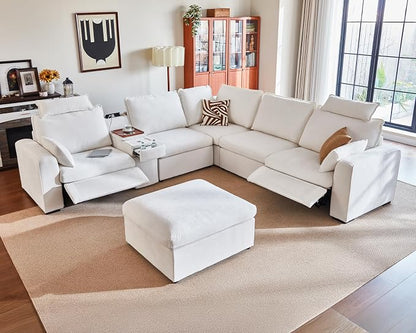 Oversized Modular Power Recliner Sofa Wall Hugger, Cloud Reclining Couch with Headrest, Storage Ottoman, Drawer Charging Cup Holder, Deep L-Shaped 6 Seater with Dual Electric Recliner, Chenille, White