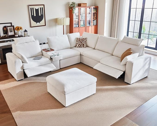 Oversized Modular Power Recliner Sofa Wall Hugger, Cloud Reclining Couch with Headrest, Storage Ottoman, Drawer Charging Cup Holder, Deep L-Shaped 6 Seater with Dual Electric Recliner, Chenille, White
