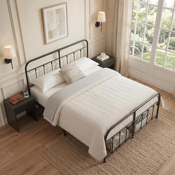 VECELO Black Victorian Style Metal Bed Frame with Headboard/Mattress Foundation/No Box Spring Needed/Under Bed Storage and Strong Slat Support King Size