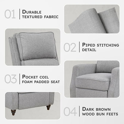 Lexicon Push Back Recliner Chair, Manual Accent Recliner with Track Arms & Bun Feet, Deep Cushioned Comfort, Modern Fabric Reclining Armchair for Living Room, Bedroom & Office, 29.5" W - Gray