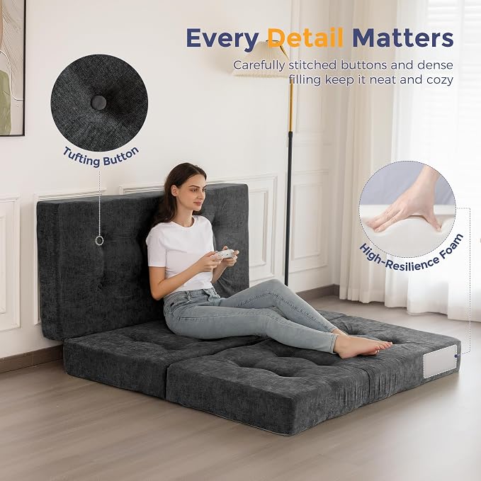 MAXYOYO 6" Folding Sofa Bed for Floor, Tufted Tri-Fold Floor Mattress with Chenille Fabric, Twin Size Portable Sofa Couch Guest Mat for Adults, Foldable Topper for Camping, Dark Grey, 35.4"x75"