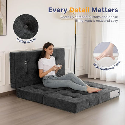 MAXYOYO 6" Folding Sofa Bed for Floor, Tufted Tri-Fold Floor Mattress with Chenille Fabric, Twin Size Portable Sofa Couch Guest Mat for Adults, Foldable Topper for Camping, Dark Grey, 35.4"x75"