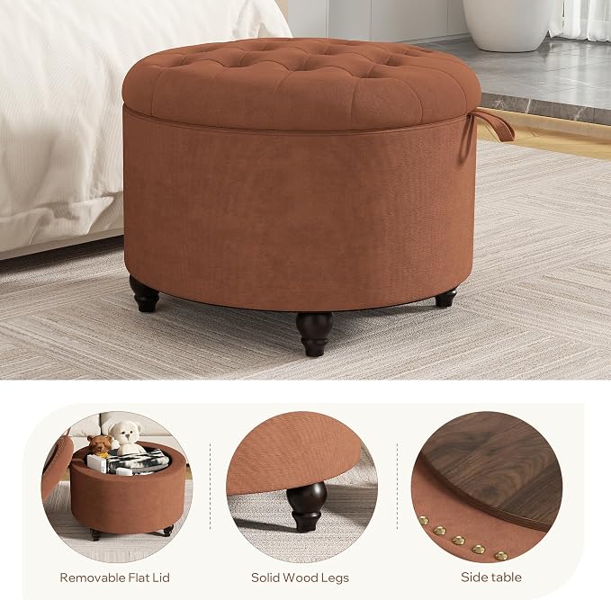 24 Inch Round Storage Ottoman,Modern Tufted Ottomans,Circular Coffee Table with Removable Top,Upholstered Large Ottoman with Storage Footrest Stool for Bedroom Living Room (Orange)