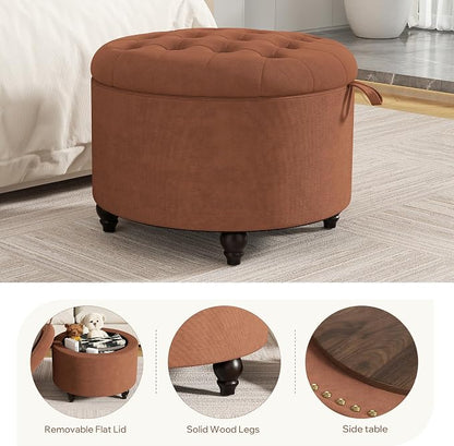 24 Inch Round Storage Ottoman,Modern Tufted Ottomans,Circular Coffee Table with Removable Top,Upholstered Large Ottoman with Storage Footrest Stool for Bedroom Living Room (Orange)