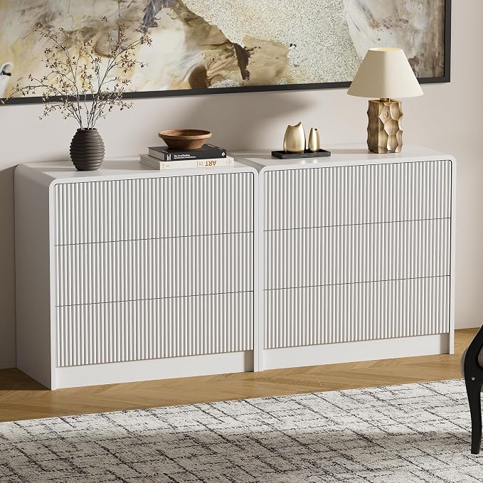 Furniway White Nightstand with 3 Drawers, 32" Modern Bedside Table with Storage, Large Night Stand for Bedroom