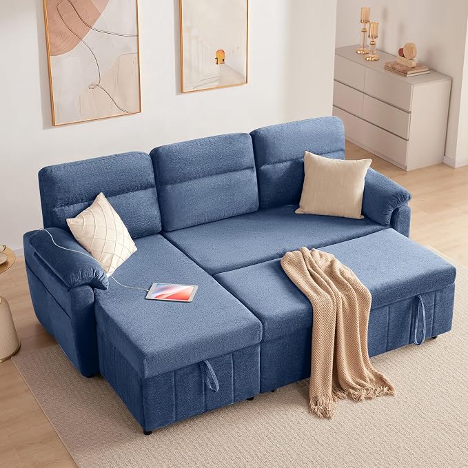 Tbfit 80'' Sleeper Sofa Bed, 3 in 1 Cloud Pull Out Sofa Couch with USB & Storage Chaise, Chenille Convertible Sofa Bed with Pull Out Bed, Couches for Living Room, Apartment, Office, Blue