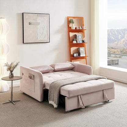 55.5" Velvet Convertible Sofa Bed, Pull Out Sleeper Sofa Bed, Loveseat Couch with USB Charging Ports, 3 in 1 Convertible Sleeper Sofa Bed for Living Room, Apartment, Bedroom, RV, Pink