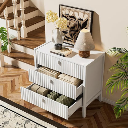 Furniway Nightstand Set of 2, Modern End Table with Solid Wood Legs, Bedside Table with 3 Drawers and Metal Handles for Bedroom, White