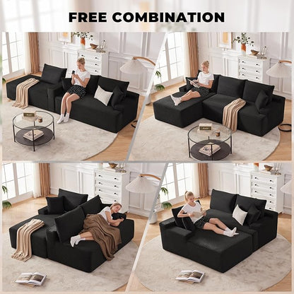 Mangodan Cloud Sectional Sofa, Boneless Couch for Living Room, Modular Sectional Sofa with Deep Seat, Fluffy Comfy Couch with L-Shaped Chaise, No Assembly Required, Black
