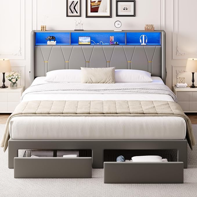 Allewie King Bed Frame with 2-Tier Storage Headboard, Charging Station & LED Lights, Velvet Upholstered Platform Bed with 2 Drawers, Wingback Headboard, Gold Button Tufted, No Box Spring Needed, Grey