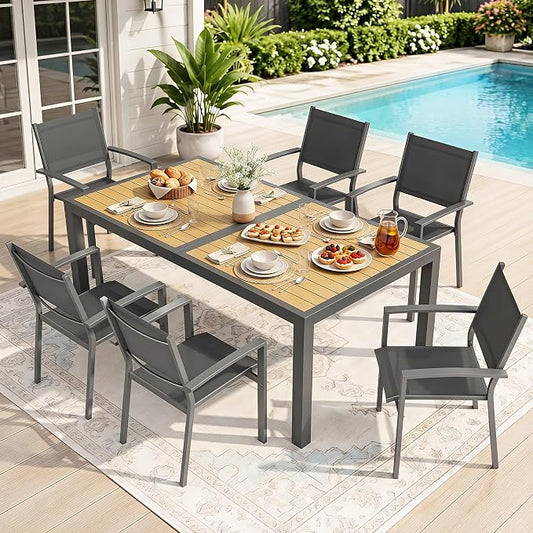 Patio Table and Chairs for 6, Outdoor Patio Dining Furniture Set with Aluminum Table and Metal Textilene Chairs, All-Weather Patio Table Set with HDPS Rectangular Tabletop for Garden Porch