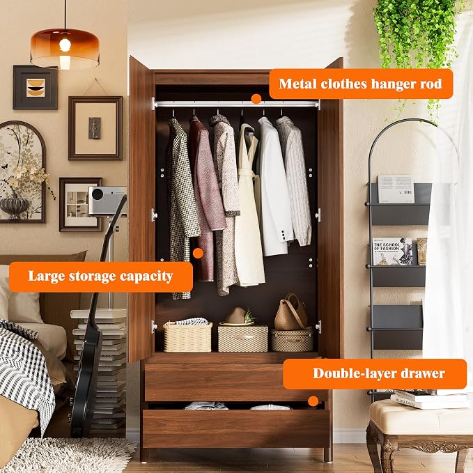 Furniway Armoire Wardrobe Closet, 70.9" Tall Wardrobe Cabinet with 2 Doors, 2 Large Drawers and Hanging Rod, Wooden Clothing Storage Cabinet for Bedroom, Cloak Room, Walnut