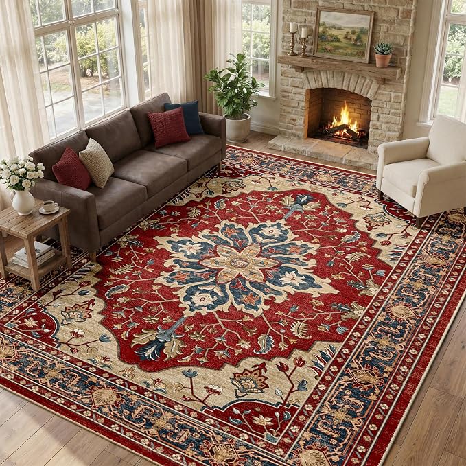 RELEANY Area Rugs Large 9'x12' Washable Non-Slip, Floral Vintage Distress Medallion Carpet for Living Room Bedroom Dining Room, Red Blue