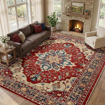 RELEANY Area Rugs Large 9'x12' Washable Non-Slip, Floral Vintage Distress Medallion Carpet for Living Room Bedroom Dining Room, Red Blue