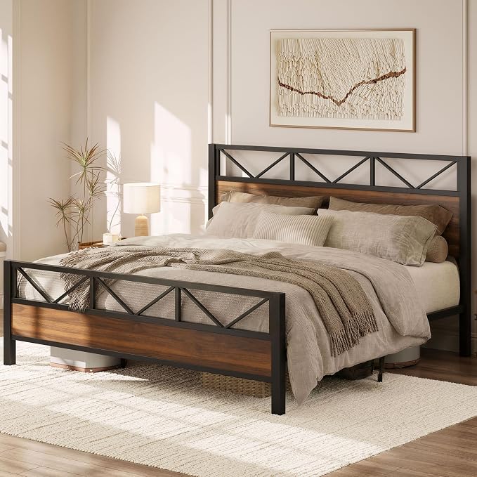 LIKIMIO King Bed Frame, Tall Industrial Headboard 51.2 ", Platform Bed Frame with Strong Metal Support, Solid and Stable, Noise Free, No Box Spring Needed, Easy Assembly, Walnut