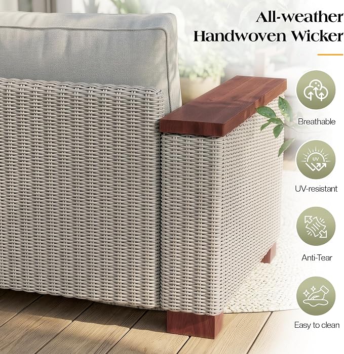 PaPaJet 4-Piece Wicker Patio Furniture Set with Solid Wood Armrest, Outdoor Patio Set with Thick Legs, UV-Resistant Modular Outdoor Sectional Sofa for Backyard, Porch, Garden