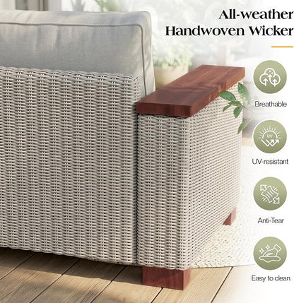 PaPaJet 4-Piece Wicker Patio Furniture Set with Solid Wood Armrest, Outdoor Patio Set with Thick Legs, UV-Resistant Modular Outdoor Sectional Sofa for Backyard, Porch, Garden