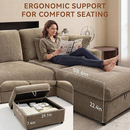 Ihanherry 141" Oversized Cloud Sectional Couches for Living Room, Modular Sectional Sofa with Wide Deep Seat, U Shaped Couch with Throw Pillow and Storage Ottoman, Beige