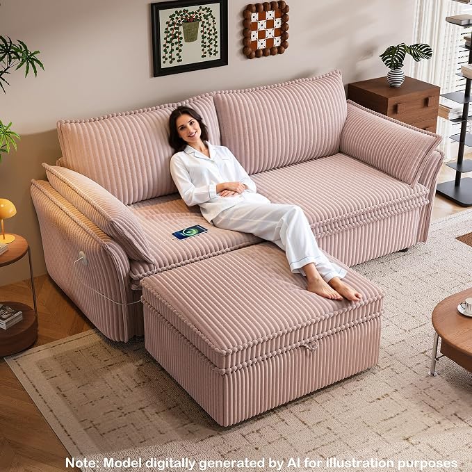 85'' Sofa Bed Full Size, Tool-Free Assembly, 3 in 1 Convertable Sleeper Sofa, Corduroy Couches with Pull Out Bed, USB & Storage, Modern Loveseat for Small Space, Living Room, Corduroy Pink
