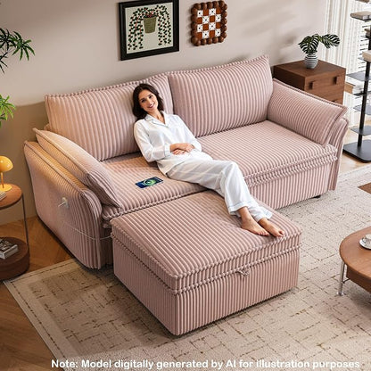 85'' Sofa Bed Full Size, Tool-Free Assembly, 3 in 1 Convertable Sleeper Sofa, Corduroy Couches with Pull Out Bed, USB & Storage, Modern Loveseat for Small Space, Living Room, Corduroy Pink