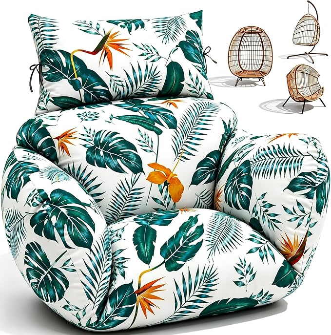 Waterproof Egg Chair Cushion Replacement 47x31.5x4.7 inch Thicken Hanging Egg Swing Chair Cushion IndoorUthem Outdoor Wicker Rattan Hammock Basket Cushion with Headrest Pillow, Yellow-Green Leaf
