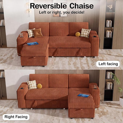 Vipbear 86" Modular Sectional Sleeper Sofa with Pull Out Bed, 3 Seat Plush Corduroy L Shaped Couch with Storage Chaise|USB Ports|Cup Holders|Side Table|Storage Armrests, Tool Free Assembly, Orange
