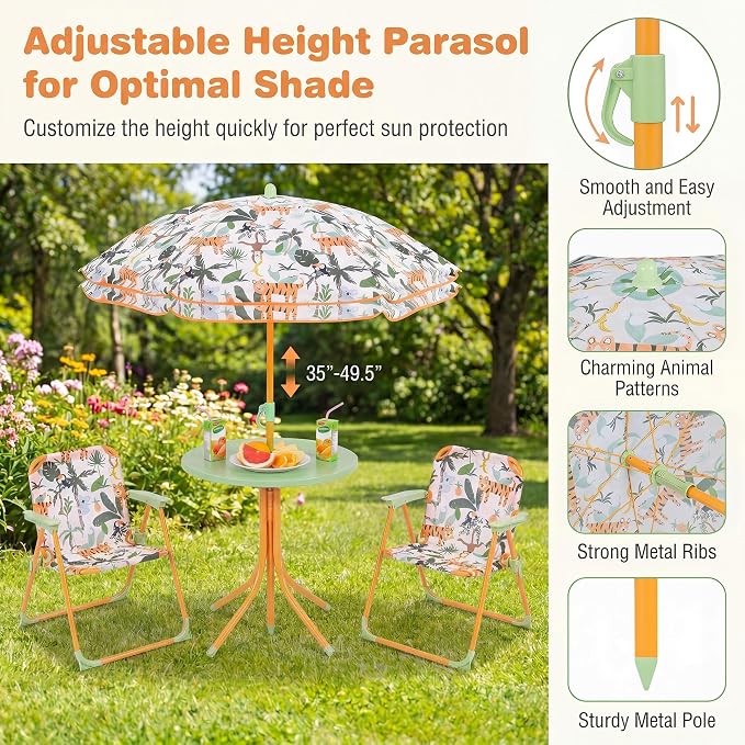 HONEY JOY Kids Picnic Table, Animal Themed Toddler Outdoor Table and Chair Set, 2 Folding Chairs & Removable Umbrella, Children Outdoor Furniture for Backyard Patio Garden (Green Tiger)