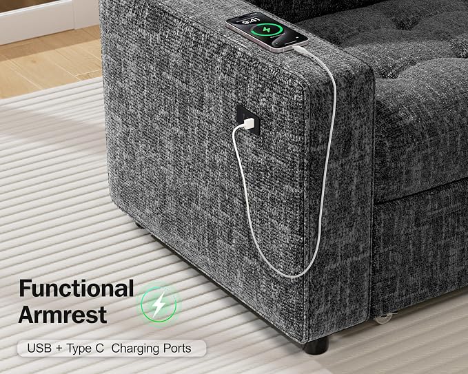 Vipbear 5 Seat L Shaped Modular Sectional Sleeper Sofa Bed with Pull Out Bed/Reclining Backrest/USB Ports/Storage Seat, Sectional Sleeper Couch, Tool-Free Assembly, Chenille Dark Grey