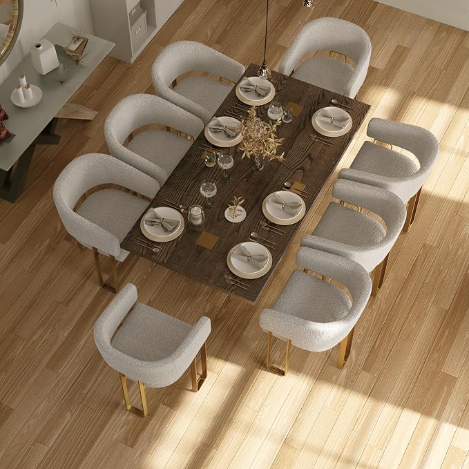 Dining Chairs, Off White Boucle Upholstered Dining Room Chairs with Brushed Gold Metal U-Shaped Legs, Luxury Side Chairs with Arms(Set of 9)