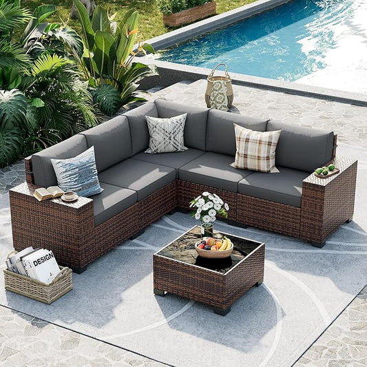 UDPATIO Patio Furniture Set, 8 Inch Armrest Outdoor Sectional Sofa with Wicker Coffee Table, 6 Piece Conversation for Garden, Backyard, Dark Grey