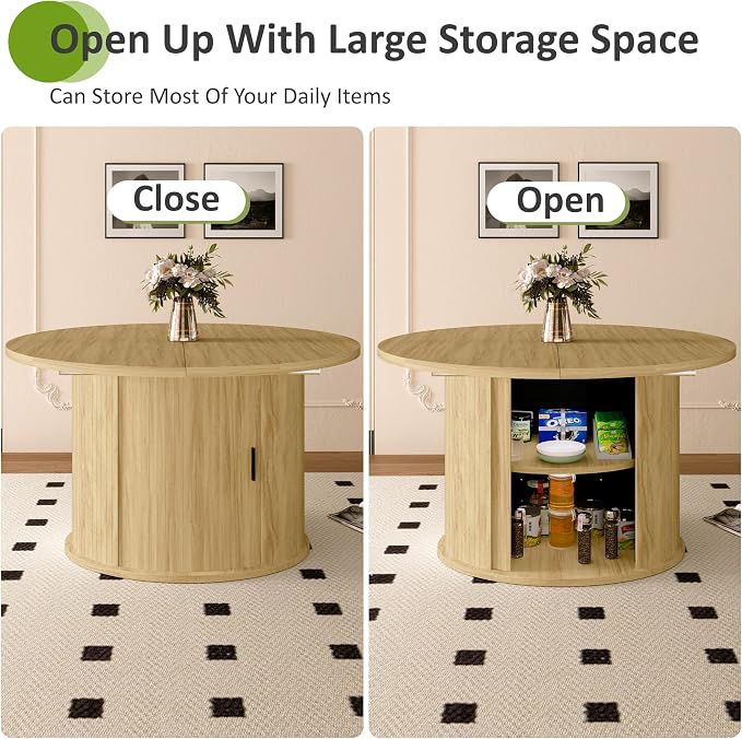 Dining Table for 4-6, 63“Extendable Round Dining Room Kitchen Table with 2-Tier Storage Shelf, Fluted Wood Table with Slide Door, Expandable Wood Oval Dinner Furniture with Pedestal Base (Oak)