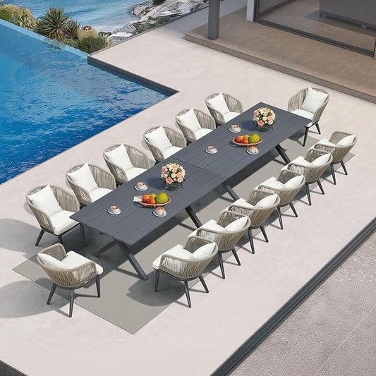 PURPLE LEAF 16 Pieces Patio Dining Set Wicker Outdoor Furniture Rectangular Table and Chairs Set for Garden Deck Aluminum Frame Backyard Kitchen Set, Cushions and Pillows Included Taupe
