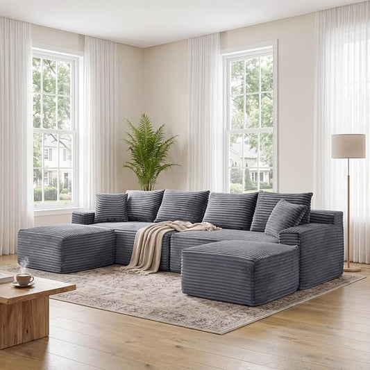 115" U-Shaped Cloud Sectional Couch, Modular Compressed Boneless Sectional Sofa W/Reversible Ottoman Chaise Lounge, Plush Corduroy Boneless Symmetrical Sofa for Living Room