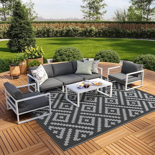 GENIMO Outdoor Rugs 8'x10' Waterproof, Reversible Mats, Area Plastic Straw Rug, Outside Carpet, Geometric Rv Mat for Patio Camping Rv Picnic Backyard Deck Balcony Porch Beach Trailer (Black & Grey)