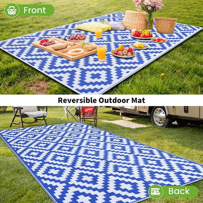 Smiry Waterproof Outdoor Rug 4x6 ft, Reversible Plastic Straw Patio Camping Rugs, Outdoor Indoor RV Mat Carpet for Patio, Outside Entry, Backyard, Deck, Bench, Picnic, Camper, White & Blue