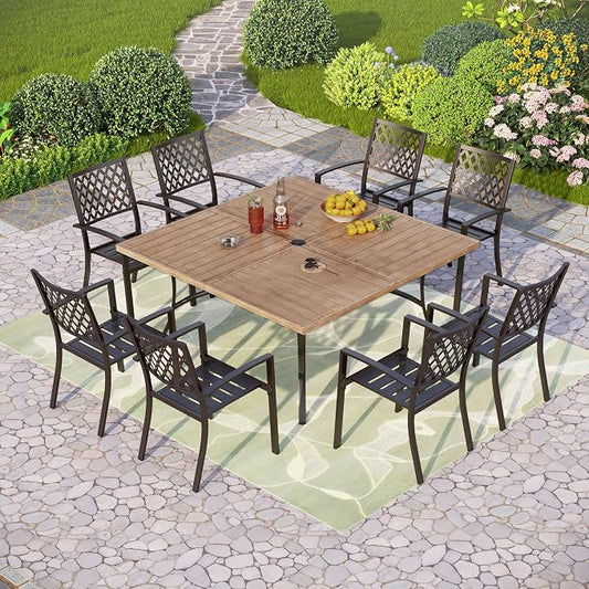 PHI VILLA 9 Pieces Outdoor Dining Set for 8, 57.5" Brown Square Metal Table with Umbrella Hole & Stackable Black Wrought Iron Chairs, Large Outside Furniture Set for Patio, Deck, Yard, Porch
