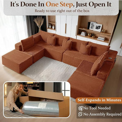 138" Cloud Sectional Couch, Comfort U Shaped Sofa for Living Room, Extra Deep Seats No Assembly, Minimalist Modular Couch, Corduroy (Deep Orange, 8 Seats,U-Shape A)