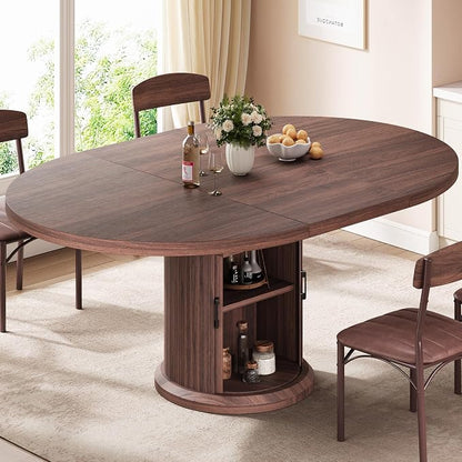 Jocoevol Extendable Round Kitchen Dining Room Table for 4-6 with 2-Tier Storage Shelf, 63'' Space Saving Expandable Wood Oval Circle Dinner Furniture with Pedestal Base (Brown)