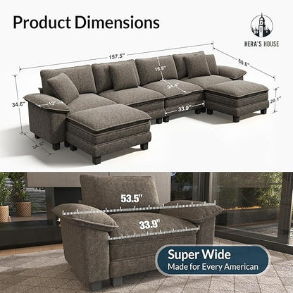 HERA'S HOUSE 158" Oversized Modular Sectional Sofa, Comfy U Shaped Couches for Living Room, Cloud Couch with Ottoman, 6-Seater Deep Seat Sofa with Throw Pillow, Chenille Ash