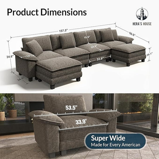 HERA'S HOUSE 158" Oversized Modular Sectional Sofa, Comfy U Shaped Couches for Living Room, Cloud Couch with Ottoman, 6-Seater Deep Seat Sofa with Throw Pillow, Chenille Ash