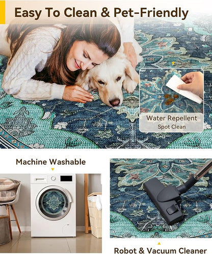 RELEANY Area Rugs Round 4ft Washable Non-Slip, Floral Vintage Distress Medallion Carpet for Living Room Bedroom Dining Room, Teal Green Lake Blue Turquoise