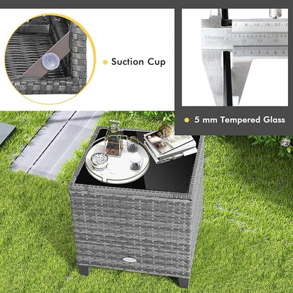 COSTWAY 3PCS Patio Furniture Set, PE Rattan Wicker Sofa w/Washable Cushion and Coffee Table, Tempered Glass Tabletop, Outdoor Conversation Set for Balcony, Porch, Yard, Backyard, Lawn (Beige)