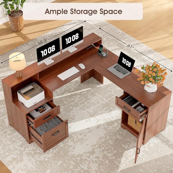 Whalefall 63'' Farmhouse L Shaped Desk with Monitor Stand Shelves, Brown | Corner Computer Desk with Drawers, Executive Home Office L Desk with File Cabinet Storage and Charging Station