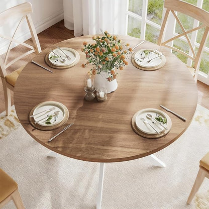 ChooChoo 47.2 Inch Round Dining Table for 4, Farmhouse Wood Kitchen Table, Circle Dinner Table for Kitchen & Dining Room, Walnut&White