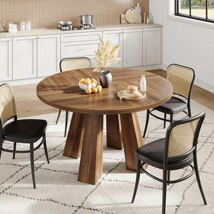 IDEALHOUSE 47" Round Dining Table for 4-6, Wood Kitchen Table with Sturdy Base, Farmhouse Circle Dinner Table for Dining Room, Living Room, 4 Strong Legs, Walnut