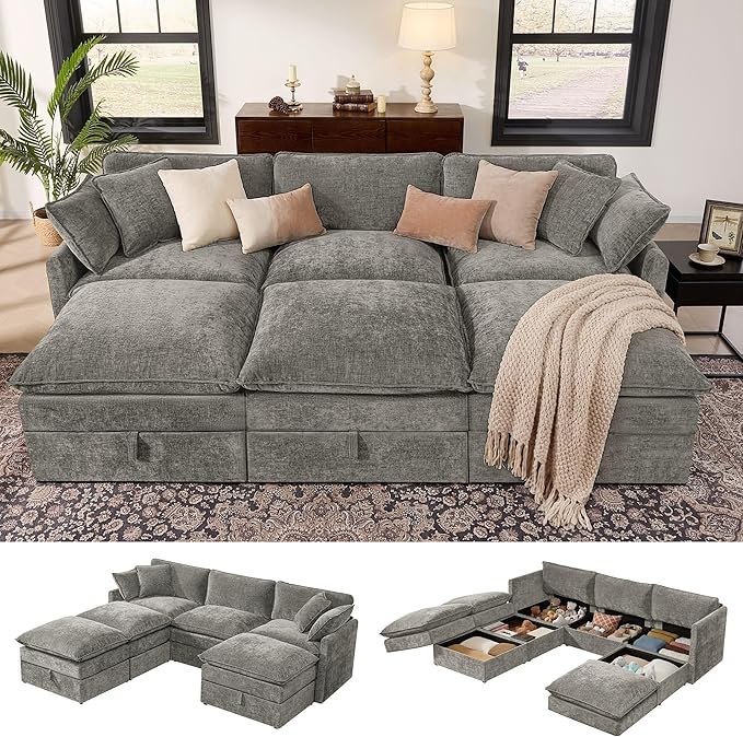 Ihanherry Oversized Sectional Sofa Bed with Storage, 103" 6-Seater Modular Cloud Couch with Movable Ottomans, Chenille Deep Seat Sleeper Couches for Living Room (Grey)